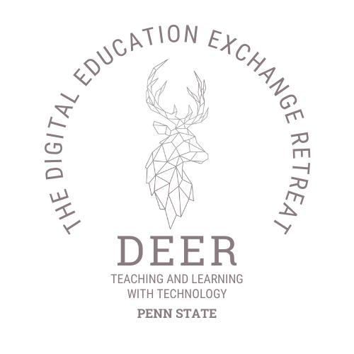 A logo of deer with text around it. The Digital Education Exchange Retreat, Penn State Teaching and Learning with Technology May 2023