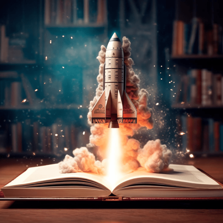 An AI generated rocket ship blasts out of a book